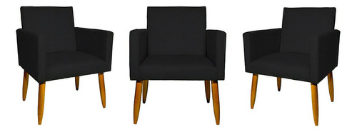 Kit 3 Poltronas Cadeiras Para Escritório Pé Palito Castanho Cor Preto Desenho do tecido Suede
