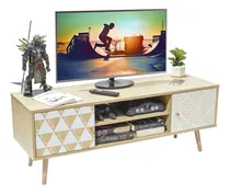 Comprar Mueble Para TV Top Living Moderno Centro De Entretenimiento Para Television Mesa Tipo Consola Con Puertas y Entrepaños Color Madera Clara y Detalles Blancos