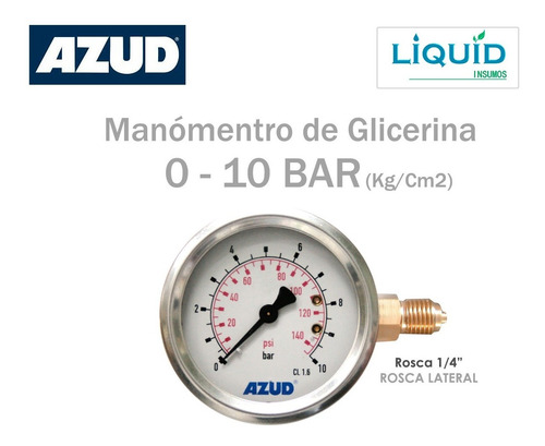 Imagen 1 de 4 de Manometro Con Baño Glicerina 0 A 10 Bar (kg) Rosca 1/4 Riego