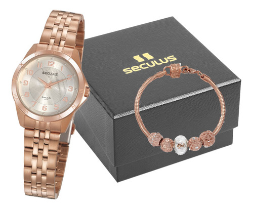Kit Relógio Feminino Aço Rosé Com Pulseira Berloques Seculus Cor da correia Rose gold