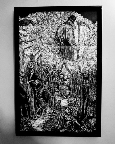 Dibujo Enmarcado Tinta Negra Apocalipsis Esqueletos Y Muerte