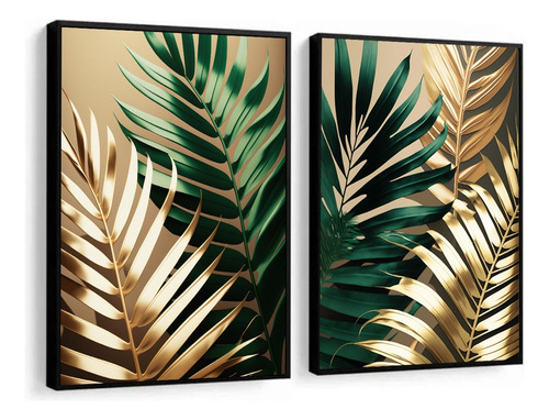 Quadros Decorativos Folhagem Verde Com Dourado P/ Sala 50x70