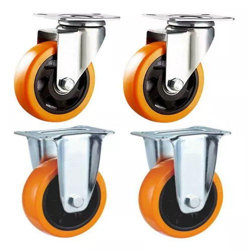 4 Ruedas Giratorias Poliuretano Naranja 100mm 2 Con Freno