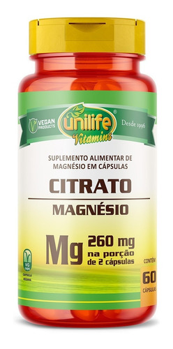Magnésio Citrato 260mg Unilife Magnesium Vegano 60 Cápsulas