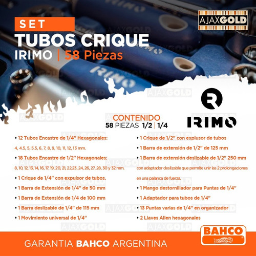 Imagen 3 de 8 de Juego Tubos Bocallaves Irimo 58 Piezas + Caja Con Accesorios