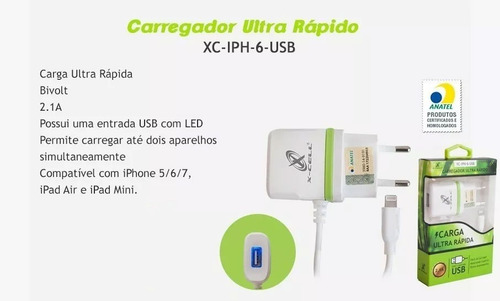 Carregador Com Cabo iPhone 5 6 7 X-cell Xc-iph-6-usb 2.4a