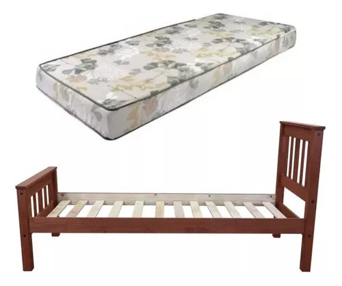 Cama 1 Plaza En Madera Mexicana Color Cera + Colchón Junior