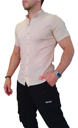 Camisa Manga Corta Fit Hombre Lino Cuello Mao Polo Urbana