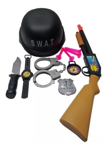 Set De Policía Swat Casco, Arma Y Accesorios Disfraz Juguete