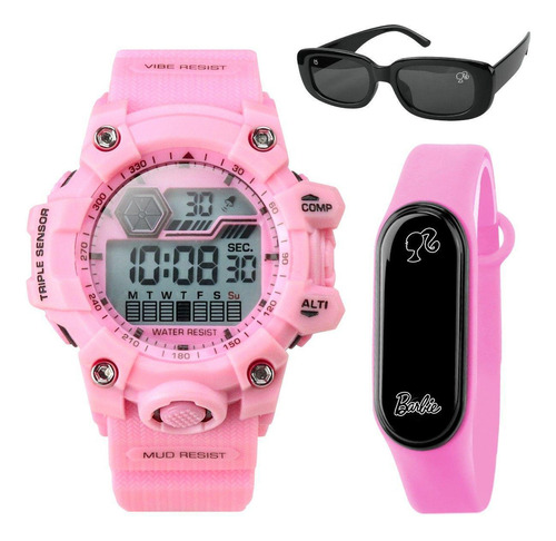 Relogio Prova Dagua Digital Infantil Rosa Led + Oculos Sol