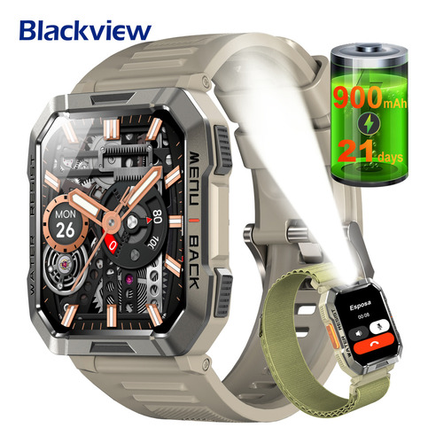 Reloj Smartwatch Reloj Inteligente Blackview Bvw60 Caqui De 2.1 Pulgadas, Smart Watch, Hombre Reloj Inteligente Militar, Linterna Bluetooth, Ip68, Resistente Al Agua, Caqui