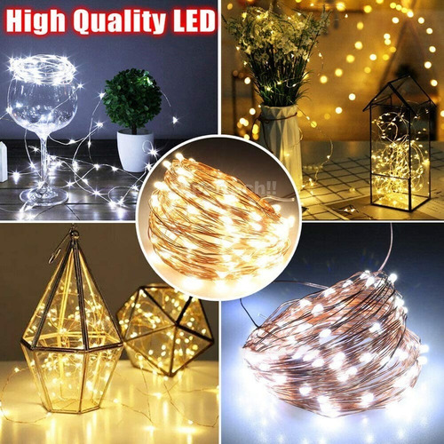Fio Fada Prata Cobre 10 M Com 100 Leds Luz Dourada Pilha