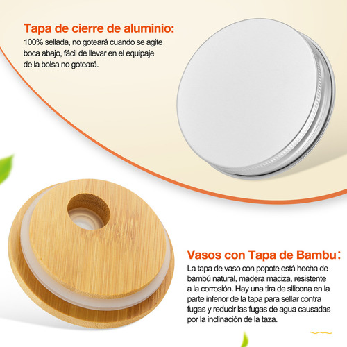 Vaso De Vidrio Con Tapas Y Popote Bambú Y Pajita Cuchara Tapa De Aluminio16oz 4 Pcs