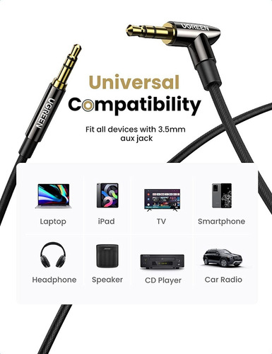 Imagen 4 de 8 de Cable Auxiliar De Audio Hifi 3,5mm (1 Metro)ugreen Reforzado