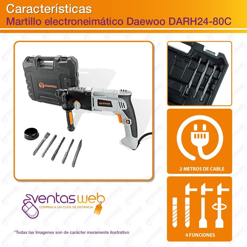 Imagen 3 de 5 de Taladro Rotomartillo Daewoo 2,5j 800w + Maletin Y Mechas