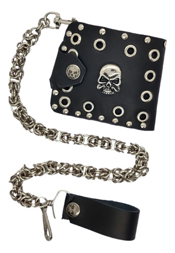 Cartera De Piel Old School Rock Biker Con Cadena 