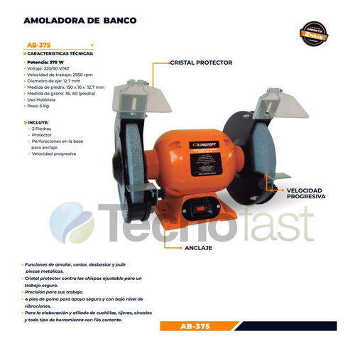 Amoladora De Banco 375w Lusqtoff Ab-375 + Cepillo De Regalo
