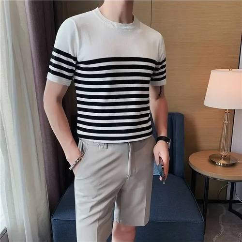 Camiseta De Manga Corta De Punto A Rayas Para Hombre - Top M