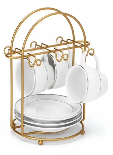 Suporte Organizador Porta Xícara De Café E Pires Cozinha Aramado Dourado Fosco Premium Cat Black Presentes
