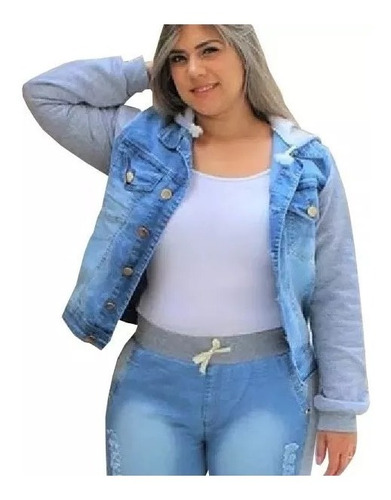 Jaqueta Jeans Com Moletom Feminina  Plus Size Azul Escuro