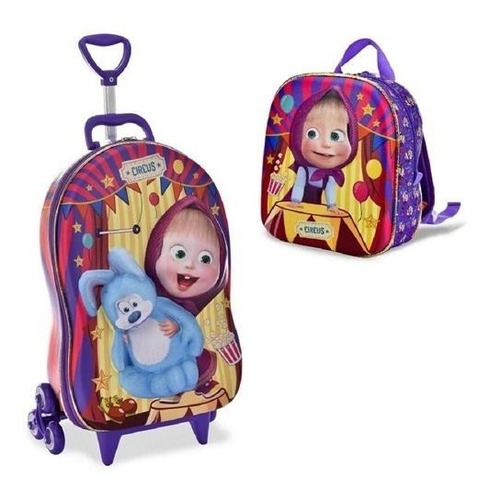 Kit Mochila Escolar Lancheira Masha E O Urso 3d Rodinhas