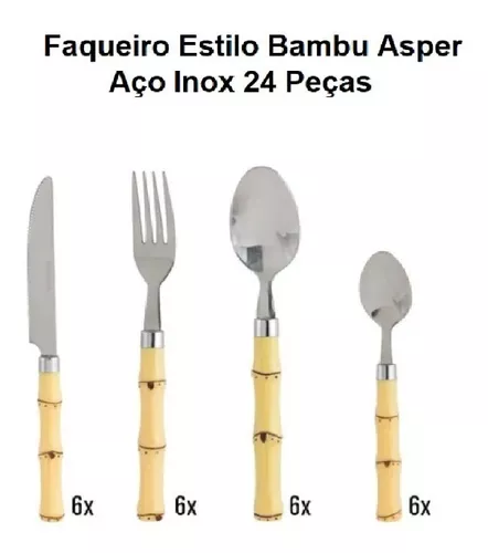 Faqueiro 24 Peças Bambu Garfo Faca Colher Talheres