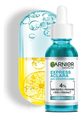 Sérum Anti Imperfecciones Garnier Express Aclara, con Concentrado de Vitamina C, Ácido Salicílico y Niacinamida que Reduce Manchas en Piel Grasa 30 ml