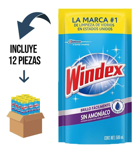 12 Pz - Windex Vidrios Sin Amonia 500ml Doy Pack