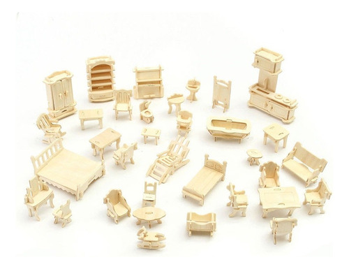 34 Unids/set 3d Rompecabezas Miniatura De Madera Muebles Cas