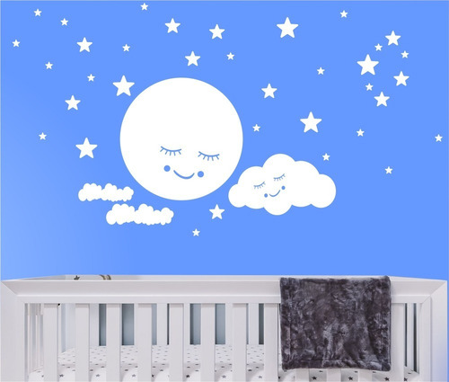 Kit Adesivos Para Quarto Bebê 1 Lua, 3 Nuvens E 35 Estrelas 