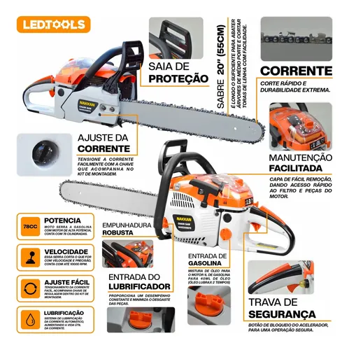 Motosserra a Gasolina NAKKAN 78cc 4,2hp 2 Tempos Profissional
