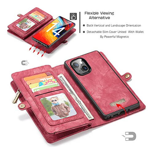 Funda Cartera Para iPhone 14 Pro Rojo Piel Sintetica-7