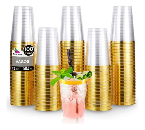 100 Vasos De Plástico Reutilizables Con Borde Dorado