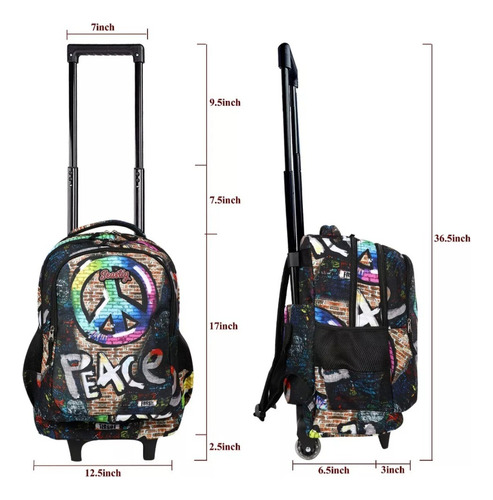 Kit Mochila Escolar Con Ruedas Marca Seasting Negro Grafiti