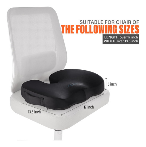 Cojín Asiento Memory Foam Ergonómico Alivio Cóccix Negro Liso