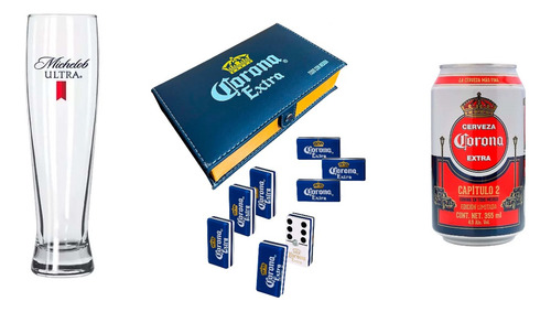 Domino Corona Extra Azul + Vaso Michelob + Lata Corona Cap 2