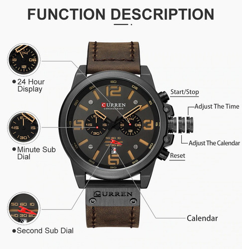 Reloj Curren Hombre Elegante Pulsera Cuero Cuarzo Cronógrafo