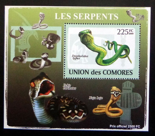 Comores Fauna, Bloque 1 Sello Serpientes 225fc 09 Mint L9320