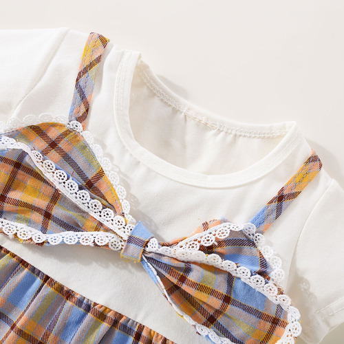 Vestido A Cuadros Bebé Con Lazo Grante Diseño De Doble Capa
