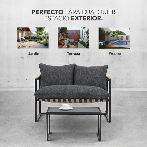 Sala De Jardín Exterior Con Cojines y Mesa Juego de 4Pzs Estructura de Acero Soporte en Madera Muebles de Patio al Aire Libre Terraza Balcón KingsHouse Kh4plbc Negro