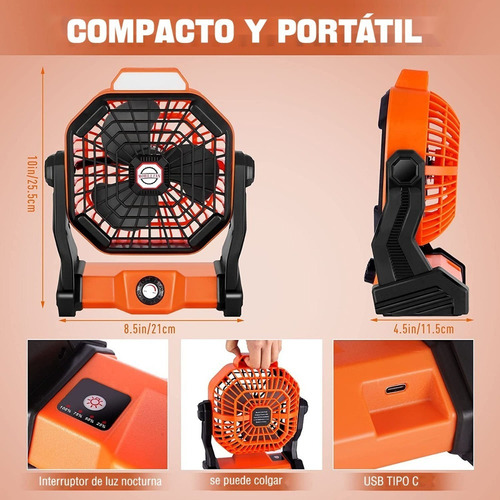A Ventilador De Camping Recargable Con Luz Led Y Gancho