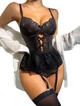 Comprar Conjunto Lencería Sexy 3 Piezas Encaje Negro, Rojo, Blanco Negro M