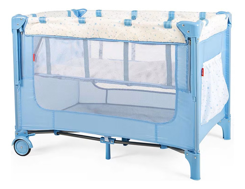 Cuna Corral Colecho D'bebe Love & Care Azul Con Mosquitero Azul Triángulos