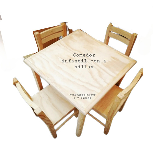 Mesa Infantil Con 4 Sillas De Madera Solida De Pino