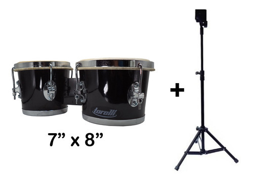 Kit Percussão Bongô Preto Torelli 7x8 + Suporte Hpb01