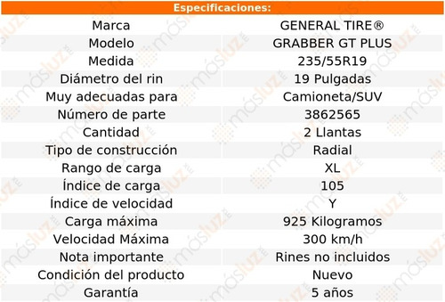 Llantas (2) General Tire Grabber Gt Plus 235/55r19 105 Y