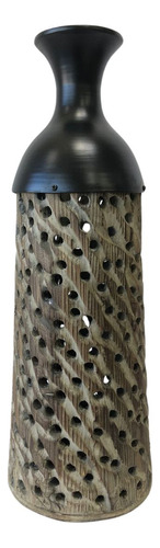 Vaso Decorativo Wood Madeira Metal Entalhado 46x15,5x8,5 Cm