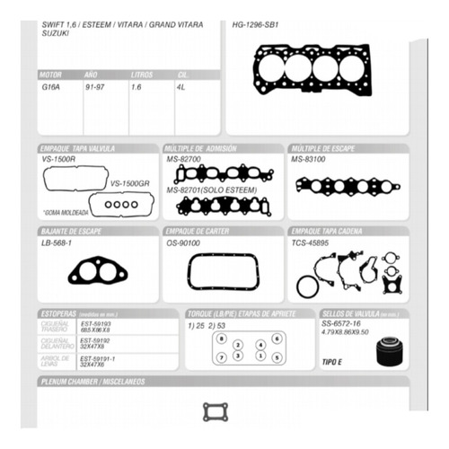 Empacadura Swift Vitara Esteem Grand Vitara 91-97 G16a 4l 1.