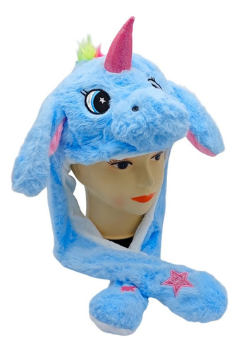 Gorro Infantil Mueve Orejas Con Luces Led Unicornio Celeste