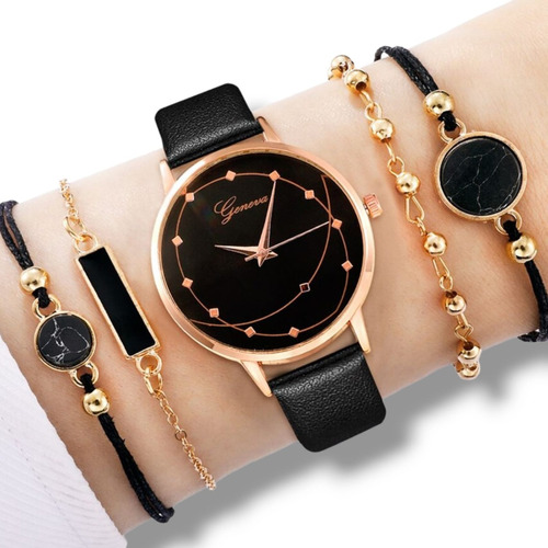 Set Reloj Negro Circular Con Pulseras